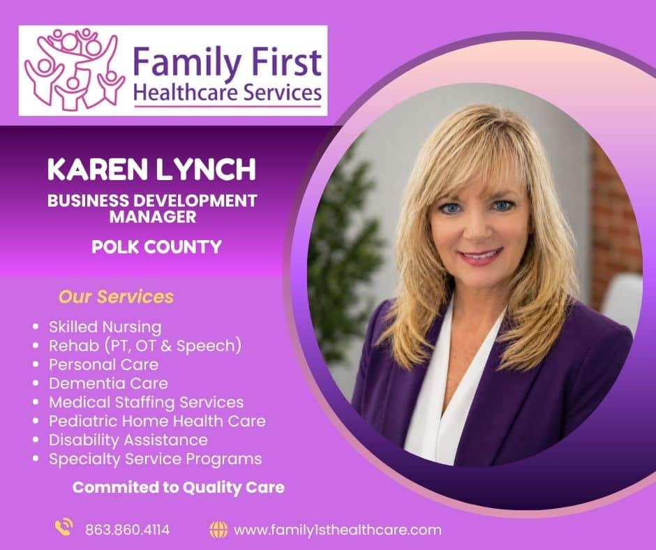 Promotional card for Family First Healthcare Services featuring Karen Lynch, Business Development Manager for Polk County and a list of services at left.